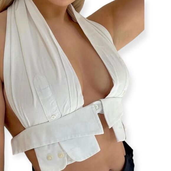 White Wrap Around Neck Backless Cuff Detailed Halter Crop Top - NEW - Picture 3 of 3